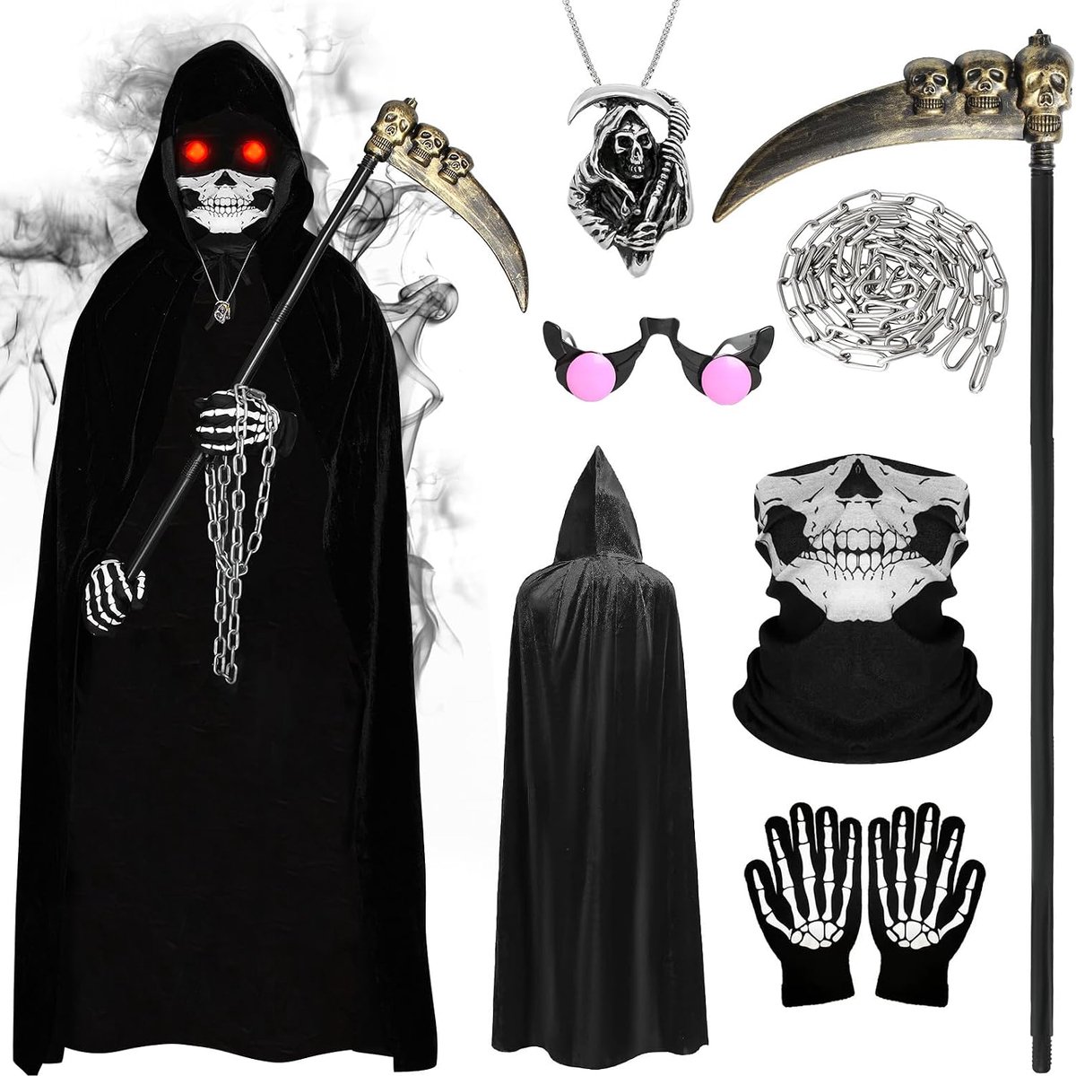 Sensenmann-kostuum voor kinderen, 7-delige Halloween-kostuumset met cape, sense, doodskopmasker, skelethandschoenen, bril, hanger en ketting, voor cosplay en Halloween-feest