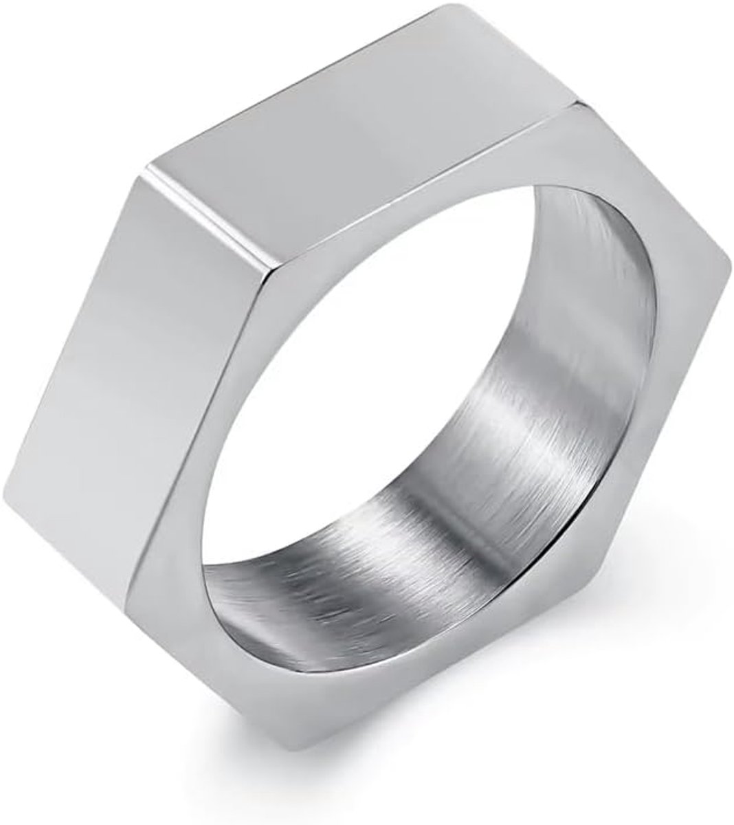Herenring van roestvrij staal met zeshoekige band, 6 mm breed, geometrische platte rand, modieuze herenring