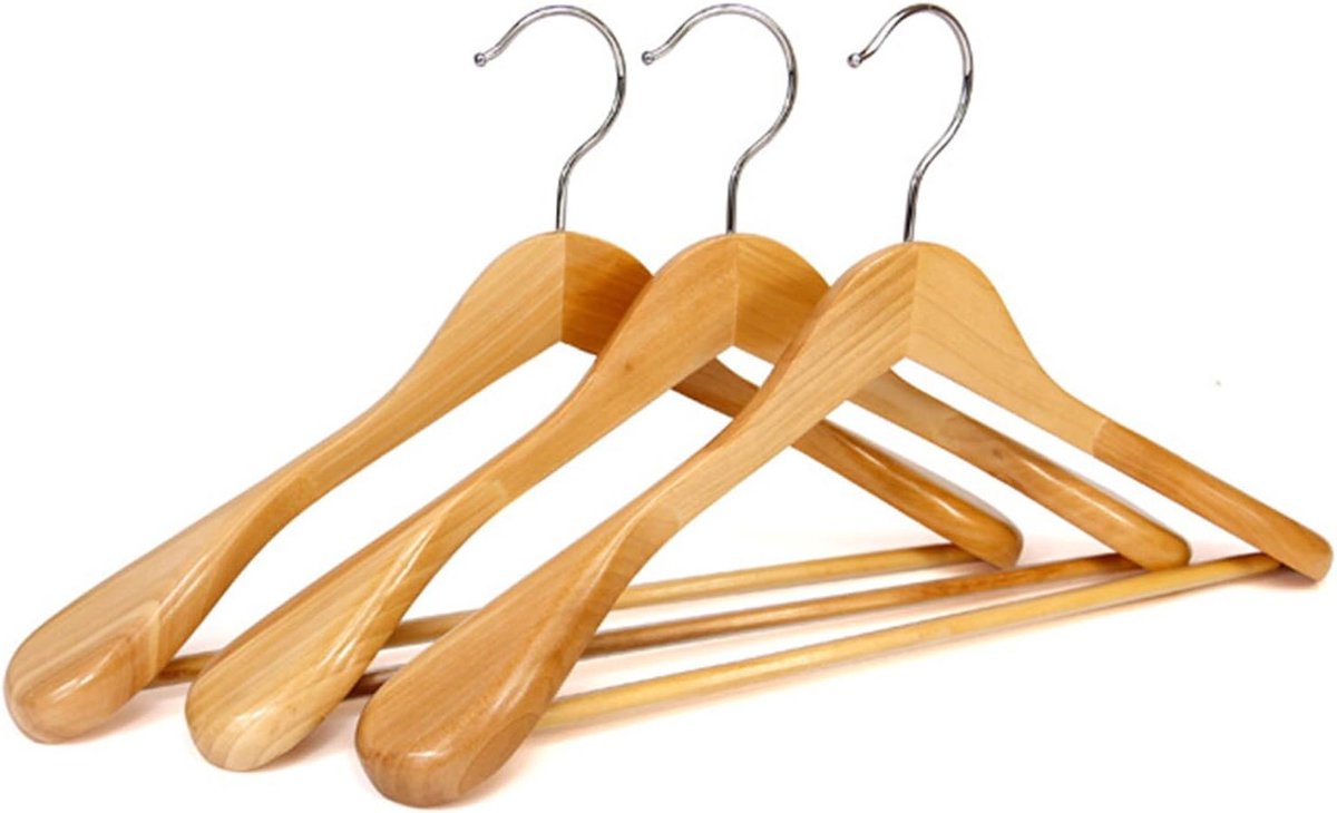 5 stuks houten kleerhangers met antislip broekstang in natuurlijke kwaliteit (5 stuks met brede schouder)