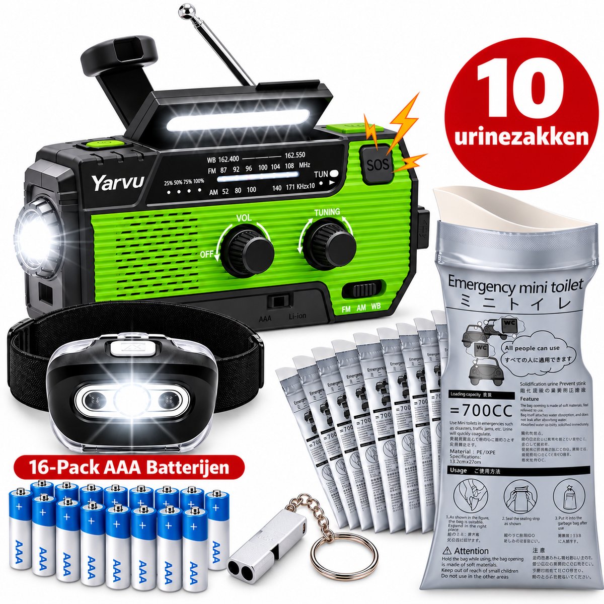 Noodpakket - Noodradio op Batterijen + HoofdLamp LED op Batterijen + 10 Urinezakken + 16 Pack aaa Batterijen + Noodfluit - Nood pakket - 6 in 1 Nood Radio - SOS -Groen
