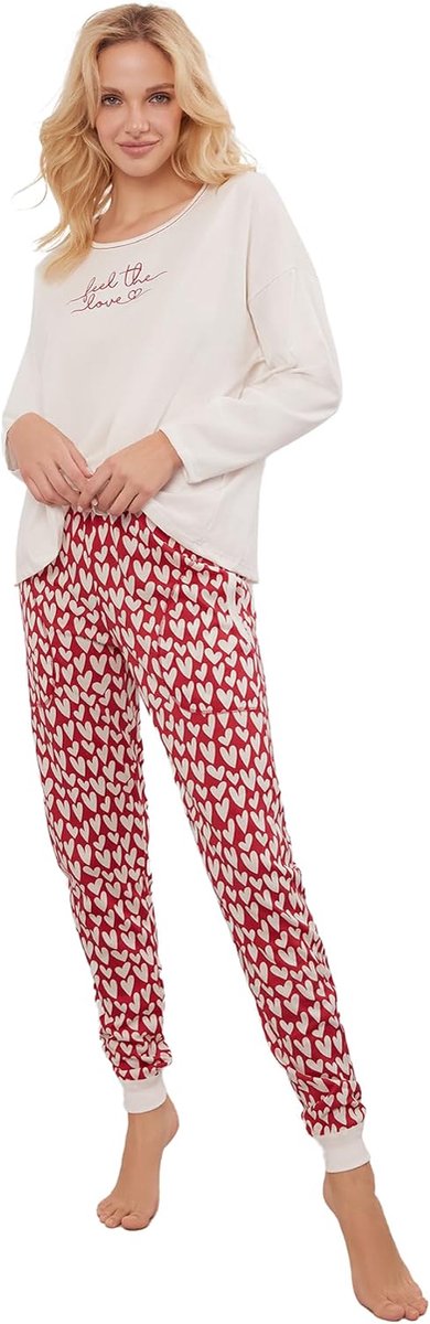 Fashion Pyjamaset voor Dames met Hartjesprint | Katoenen Set met Shirt met Lange Mouwen en Volledige Broek | Zachte Huisoutfit om Te Slapen of Te Relaxen S-XXL