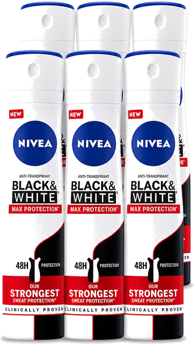 6 x Nivea - Deodorant - Spray - Black & White Max Protection - 150 ml - Voordeelverpakking - 6 stuks