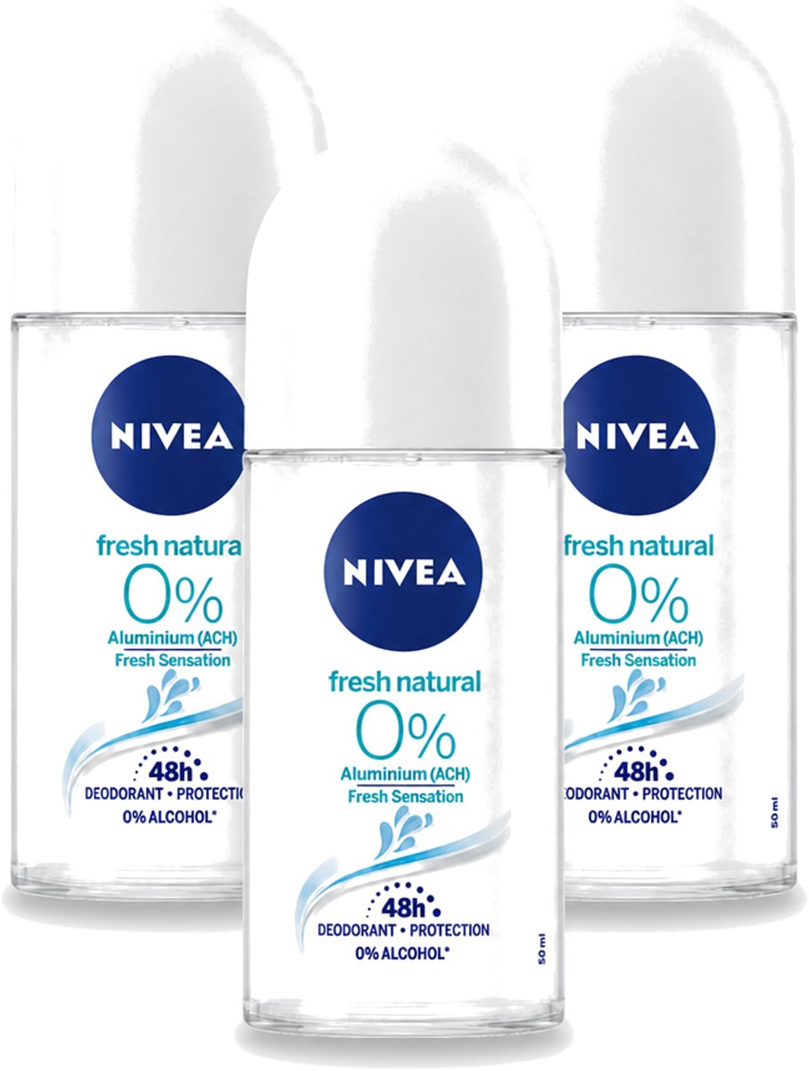3 x Nivea - Roll-On - Alu Free - Fresh Natural - 0% Aluminum - 50 ml - Bulkverpakking - 3 stuks