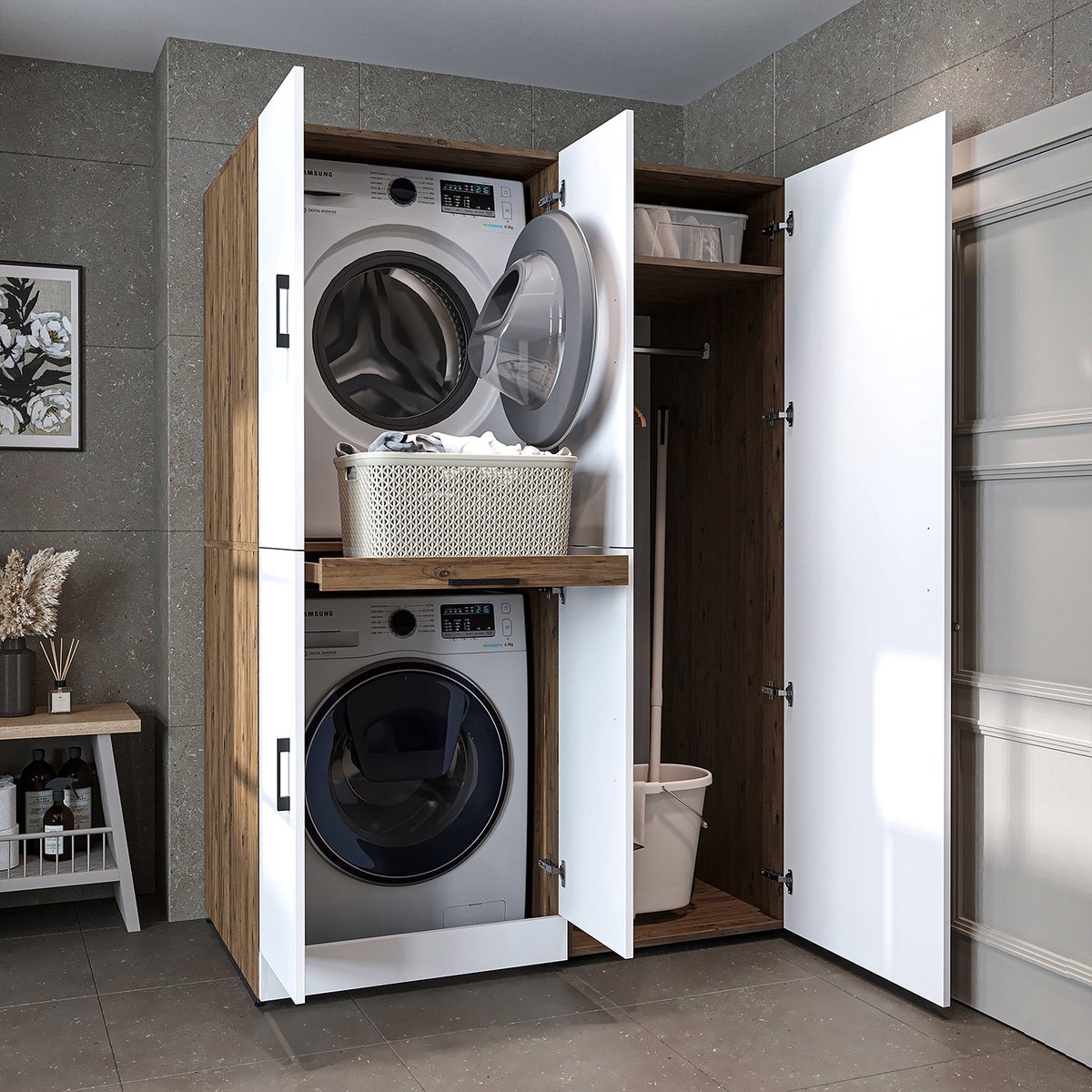 Roomart DORA-I Wasmachine Ombouwkast 130x186 cm - Wit Eiken