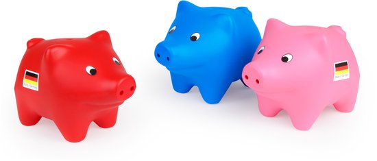 Drie spaarvarkens: rood, blauw en roze, met Duitse vlagstickers.