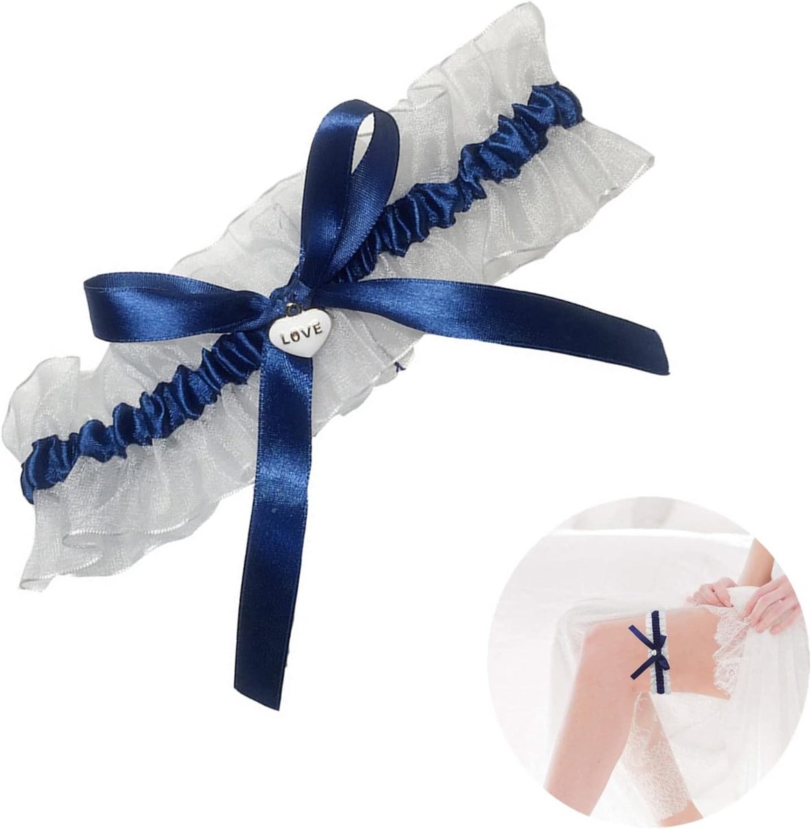 Elegante Bruids Kousenband met Blauwe Strik en Pendants - Ideaal voor de Trouwerij, Luxe Accessoire voor de Bruid