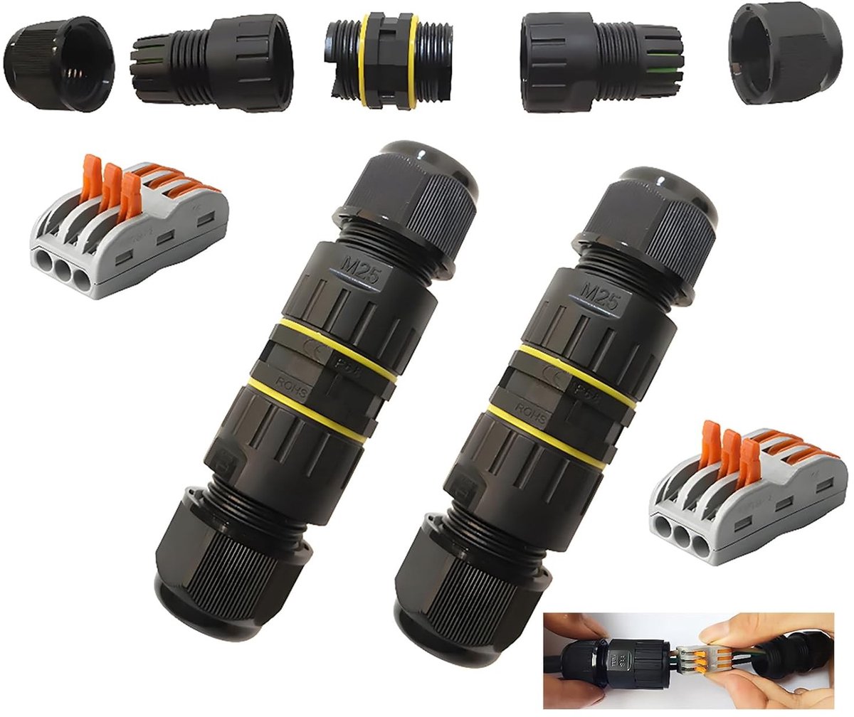 Waterdichte aansluitdoos met 3-polige aansluitklemmen voor kabels van 5 mm tot 10 mm, IP68, 2 stuks, zwart, ideaal voor buitengebruik en elektrische verbindingen