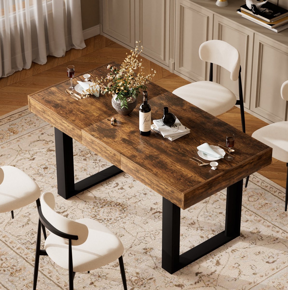 MODFU Uitschuifbare Eettafel - Retro - Spaanplaat - Rustiek Bruin/Zwart - 120-160 Cm