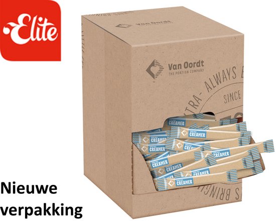 Elite koffiecreamer sticks in nieuwe kartonnen displayverpakking, met Van Oordt logo.