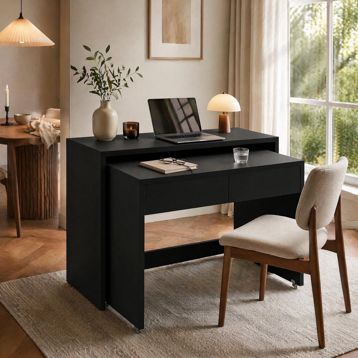 MEUNIQ 2-in-1 uitschuifbaar bureau 110 x 40 x 78 cm met 2 lades en verrijdbare tafel met remwielen – zwart bureau voor thuiskantoor en slaapkamer