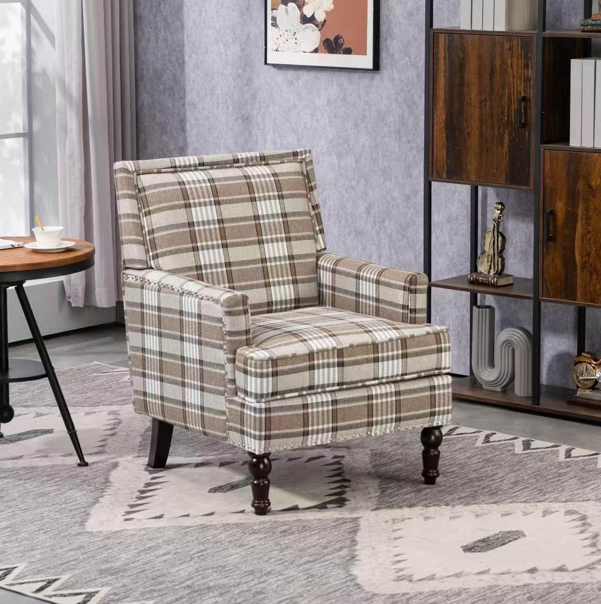 MEUNIQ Vintage fauteuil met armleuningen, bruin-wit patroon, katoen-linnen bekleding, houten poten en gevoerde zitting voor de woonkamer Bruin en wit