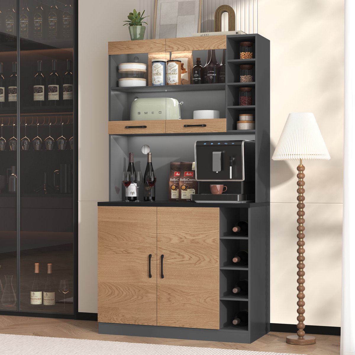 MEUNIQ Keukenkast 100 x 47 x 187 cm met LED-verlichting, glazen bovenkast, magnetronruimte, verstelbare zijvakken en kabeldoorvoer, grijs naturel