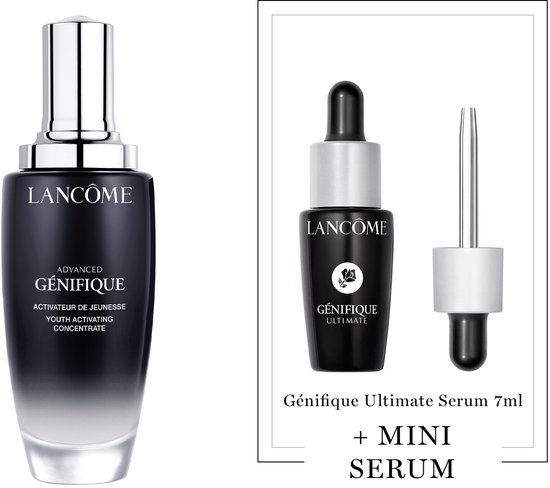 Lancôme Advanced Génifique gezichtsserum in een zwarte fles met gradiënt en een mini-flesje.