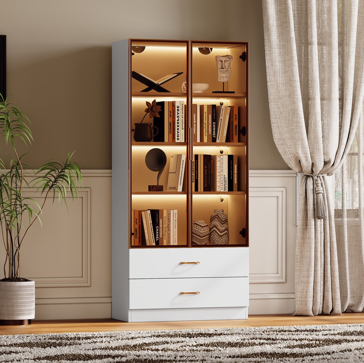 MEUNIQ Badkamerkast 75 x 34,5 x 170 cm met verlichting, 2 glazen deuren, 2 lades en legplanken – staande opbergkast voor badkamer, wit