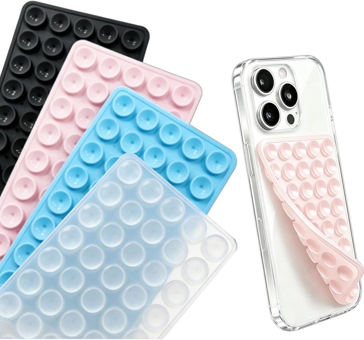 4 stuks Siliconen Telefoonhouder met Zuignap - 10x6,5 cm - Telefoonstandaard - Dubbelzijdig met 40 zuignappen - Handsfree, Antislip - Telefoonhouder Voor selfies en video's - Badkamer & Keuken - Zwart, Wit, Roze, Blauw - TENGYIF®