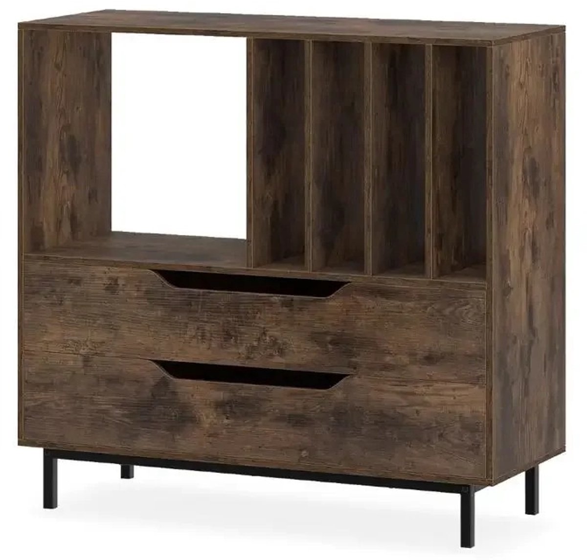 ArtiZo LP opbergsysteem - retro vinylhouder - platenrek met 4 vakken - 2 lades - rustiek bruin - 91 × 35 × 87cm (L×B×H)