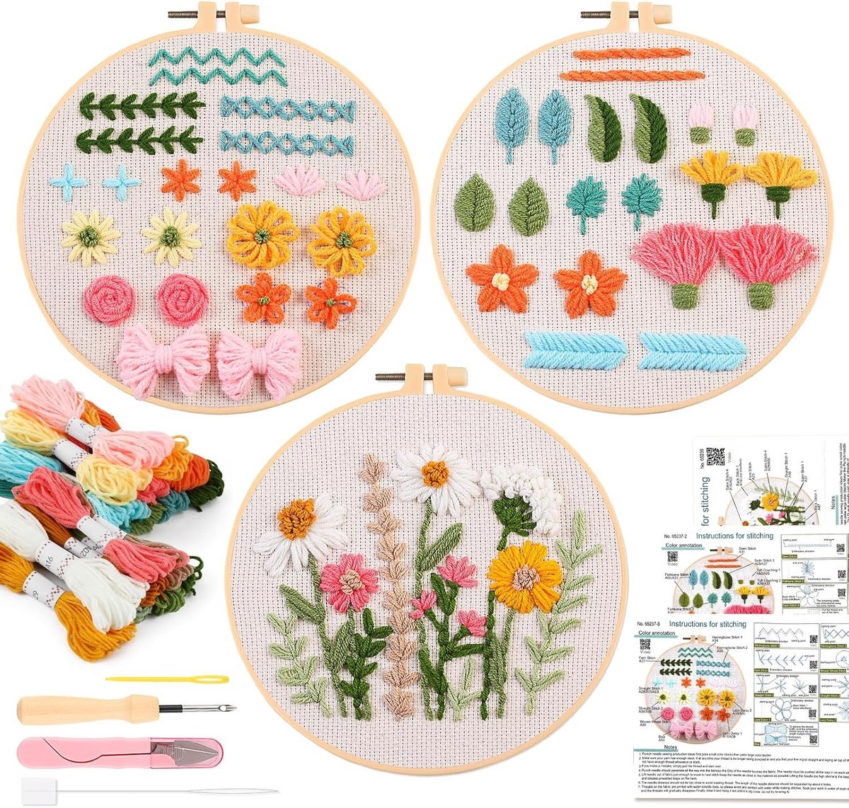 3-delige Startset voor Beginners, Puntnaald Borduurpraktijk Kit voor Creatieve Liefhebbers om Basissteken te Leren, DIY Borduurwerk en Haakset met Gereedschap en Instructies