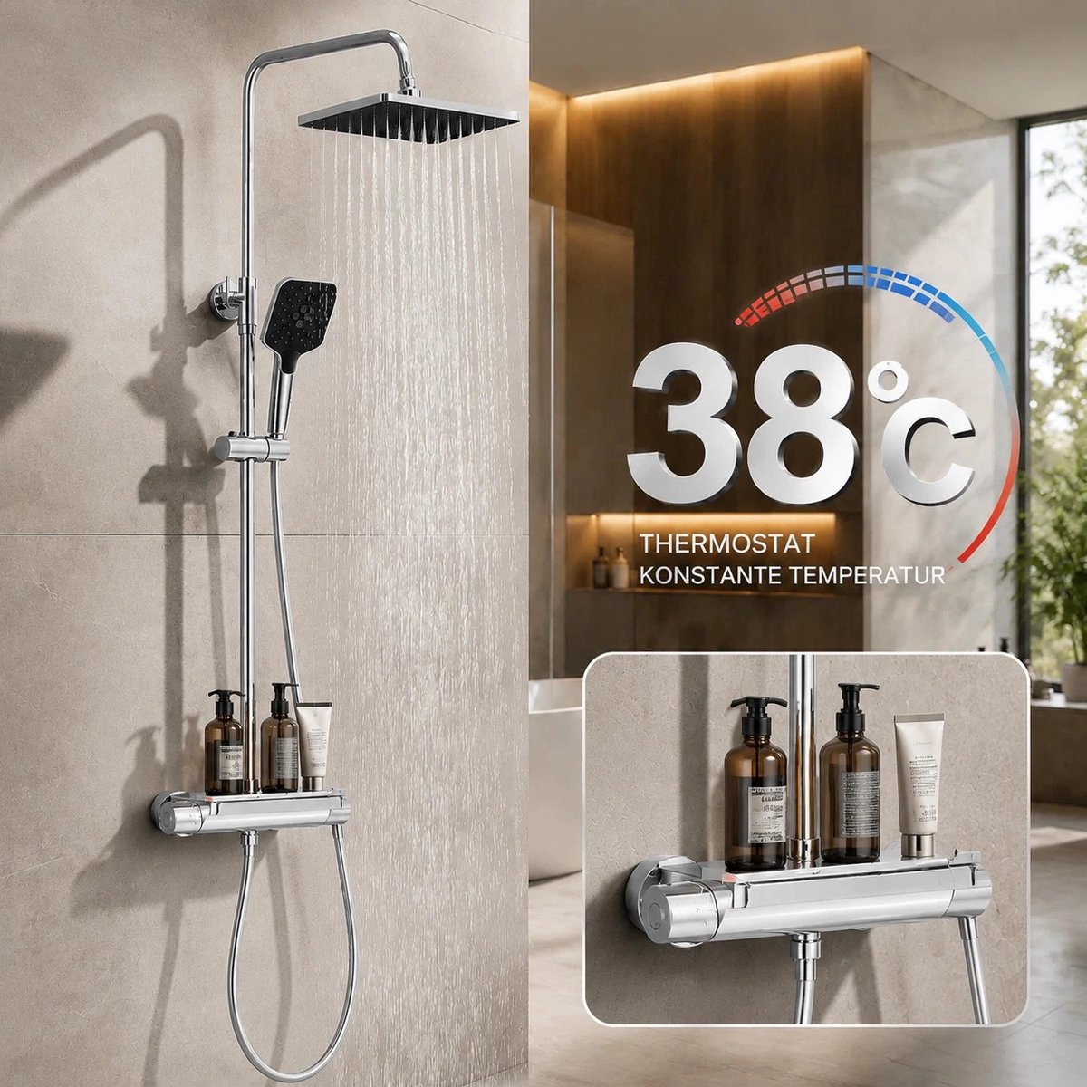 DERW Max Regendouche - Inclusief Thermostaatkraan en XL Planchet - Doucheset - 28x19 cm Douchekop - 38°C Veiligheidsfuncties - Douchesysteem - Waterbesparend - Chroom