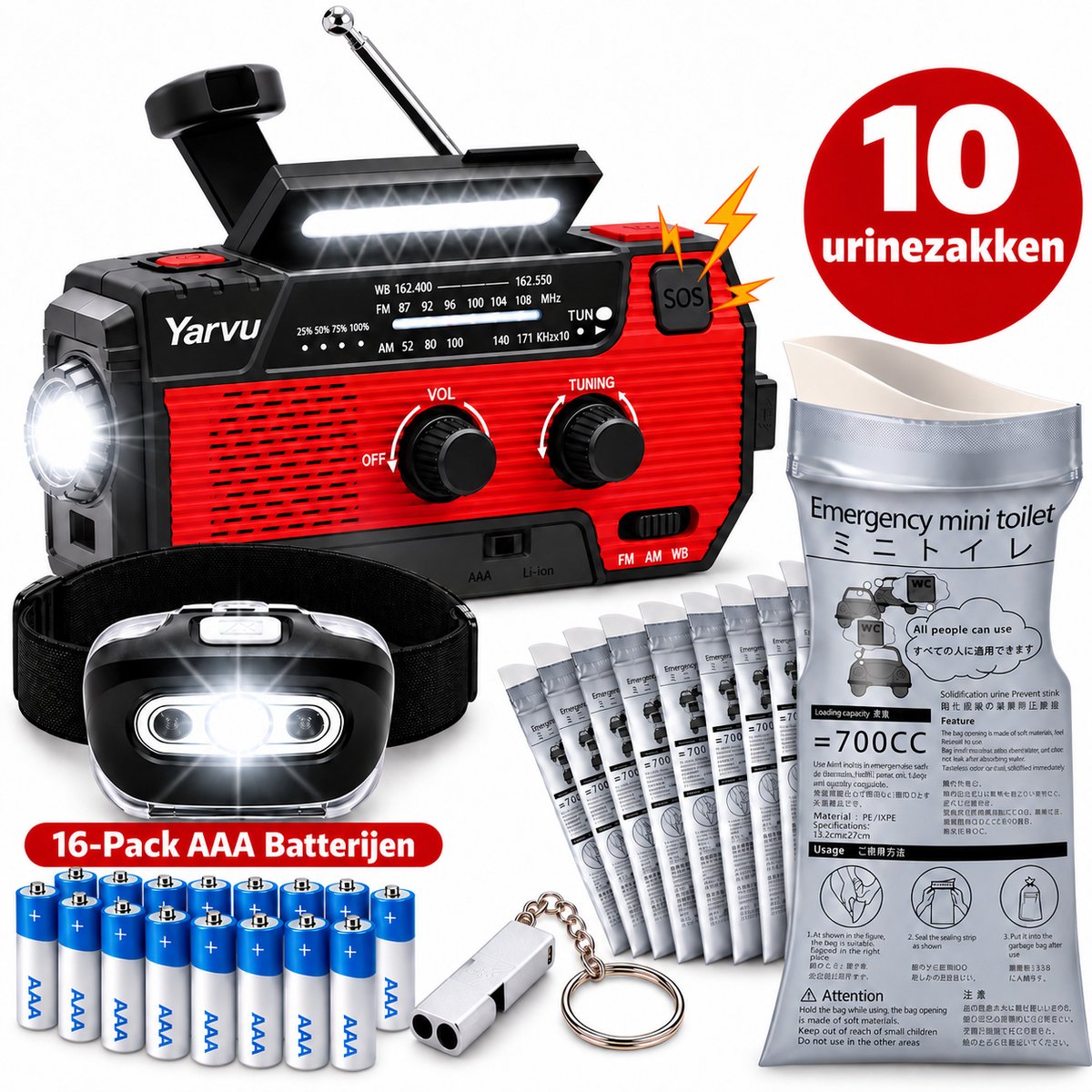 Noodpakket - Noodradio op Batterijen + HoofdLamp LED op Batterijen + 10 Urinezakken + 16 Pack aaa Batterijen + Noodfluit - Nood pakket - 6 in 1 Nood Radio - SOS - Rood