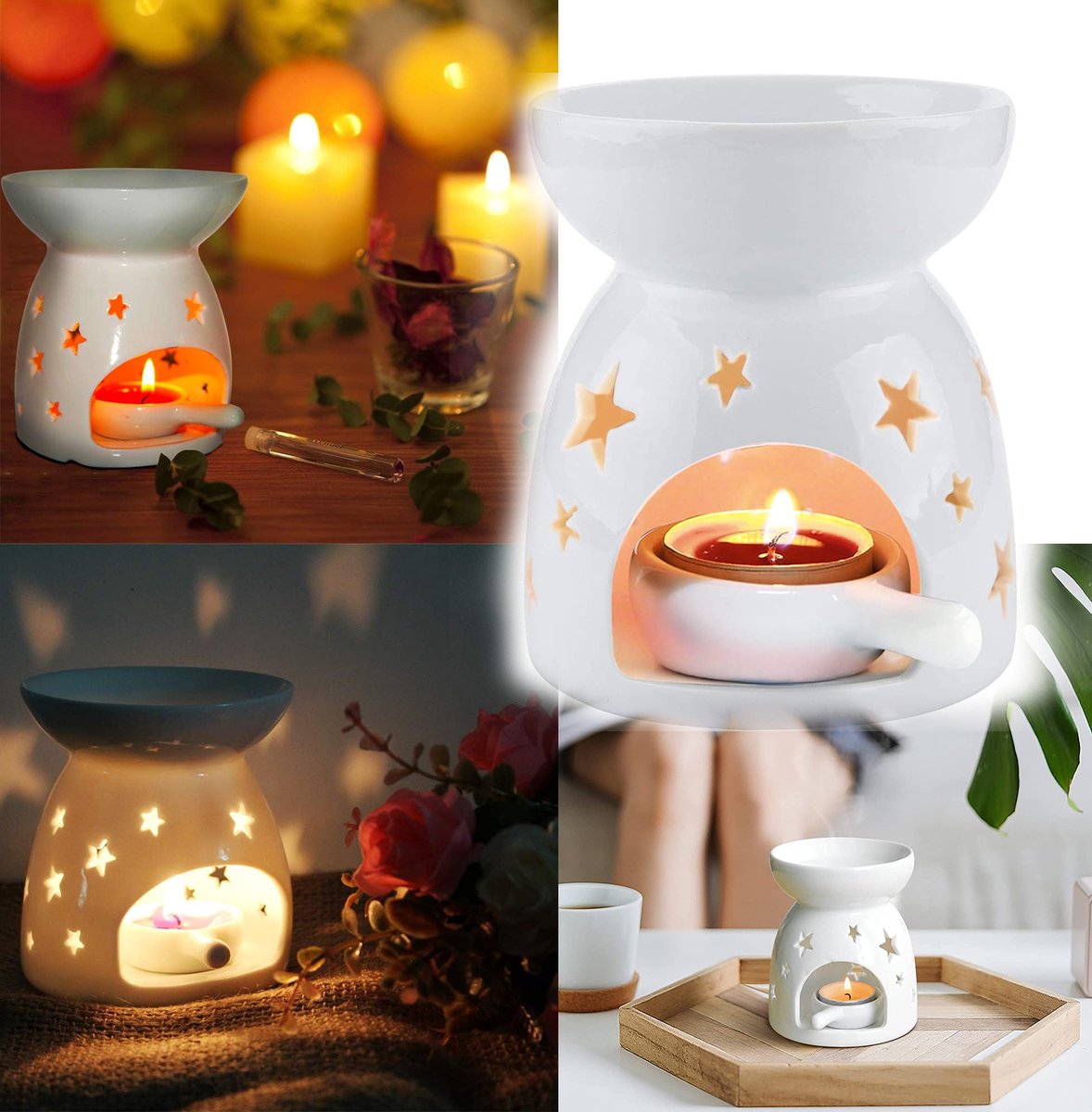 Keramische Oliebrander Met Stervormig Patroon, Kaars Theelicht Waxbrander, Mooie Aromatherapie Aromabrander, Woon- en Slaapkamerdecoratie.