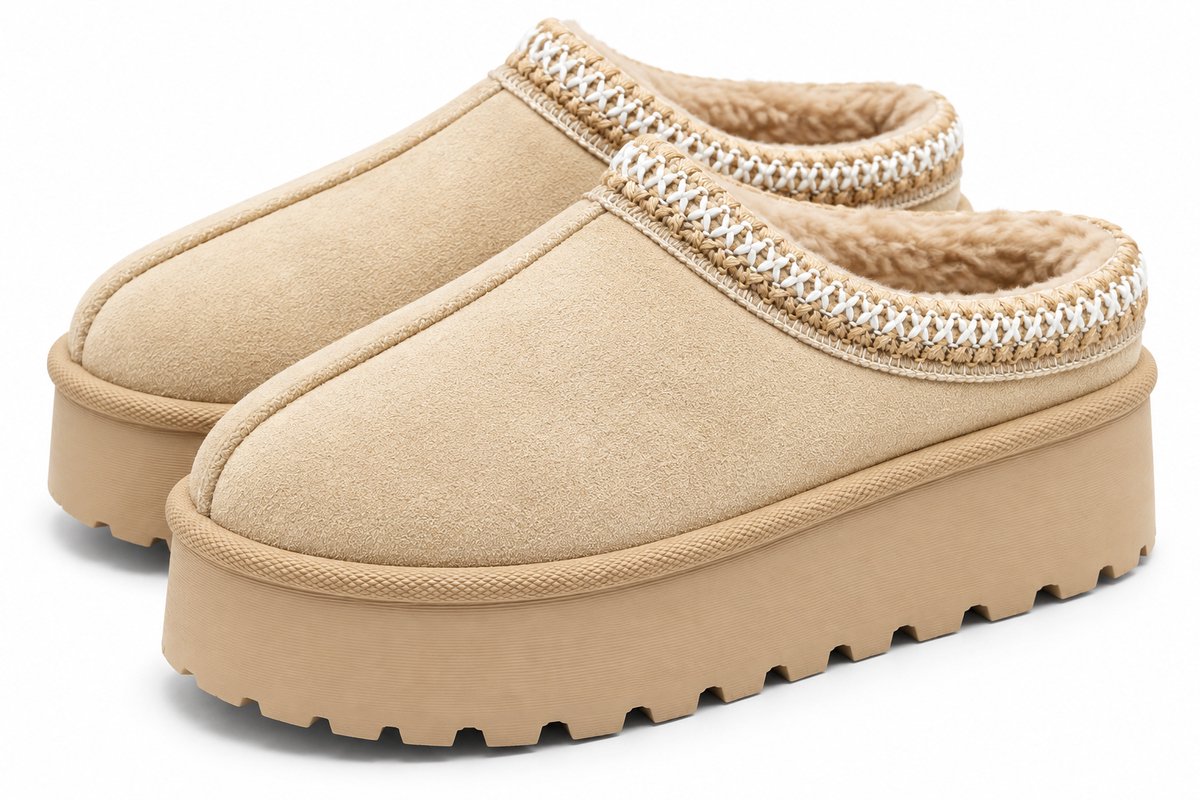 Dames Pantoffels – Warme Gevoerde Sloffen – Dikke Antislip Zool – Maat 37 – Beige – Valt klein, bestel 1 maat groter