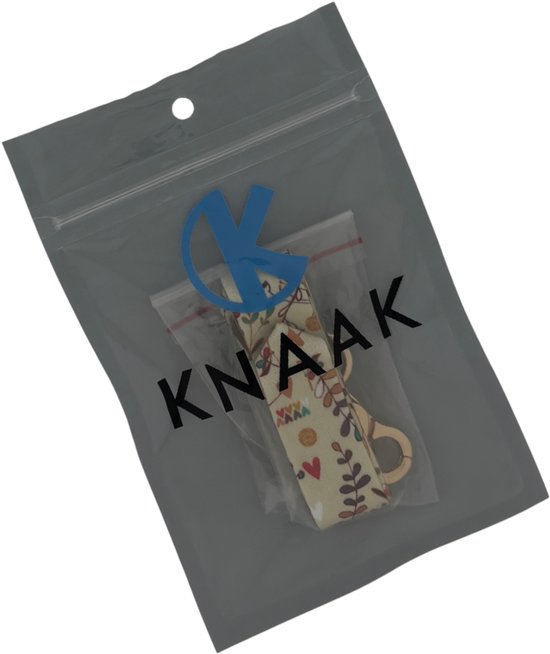Beige sleutelkoord met vogels, hartjes en bloemenprint, met houten ring.