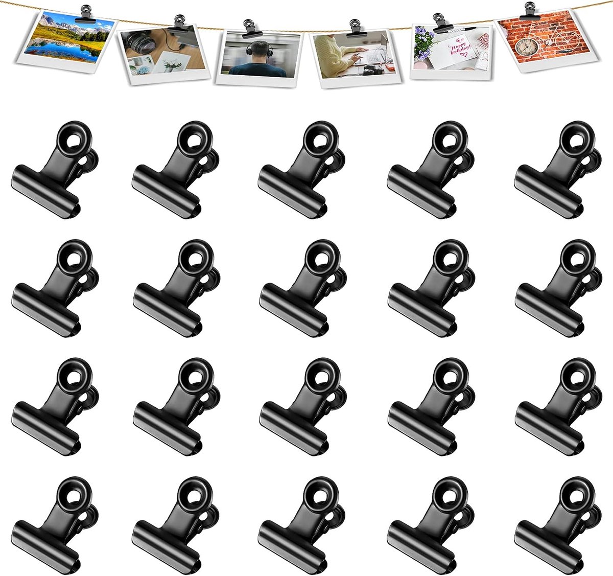 20 stuks zwarte bindmiddelclips, 22 mm, metalen scharnierclips voor voedselpakketten, mini-fotoclips, kleine papierklemmen, bindclips, fotobestand papieren documentenclip voor thuis en op