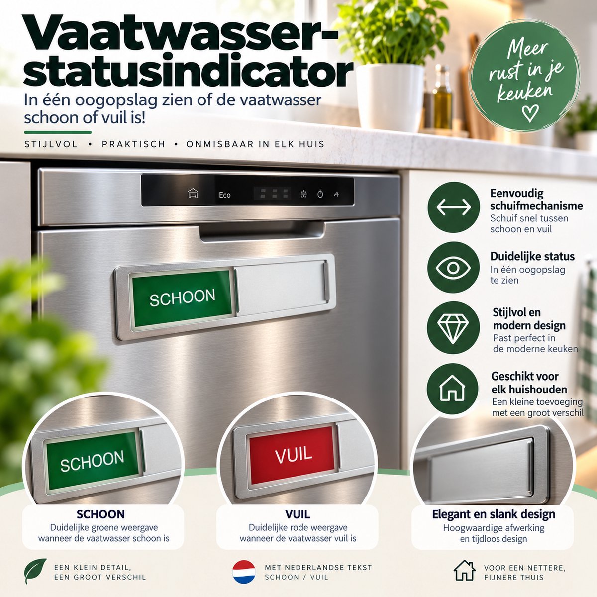 Vaatwasser Indicator SCHOON / VUIL – Schuifindicator voor Vaatwasser – Duidelijke Statusaanduiding – Praktisch Keukenaccessoire – Nederlandse Tekst