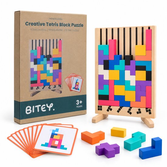 Doos van de Bitey Tetris Puzzel met gekleurde blokjes en opdrachtkaarten.