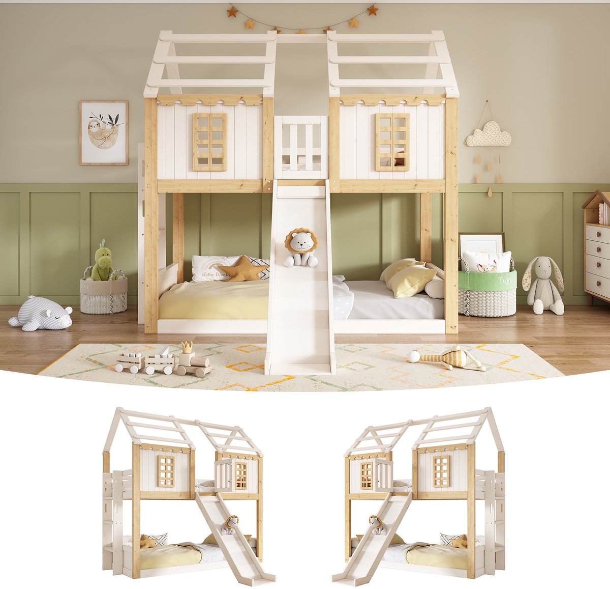 intebiki Kinderstapelbed 90x200 cm, huisvormig bed met glijbaan, houten stapelbed met flexibele ladder en 360° valbeveiliging, speelbed met raam, wit en naturel, zonder matras
