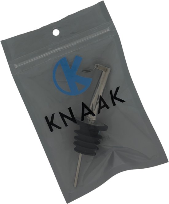 RVS schenktuit met zwarte rubberen dop en klep, merk KNAAK, in grijze verpakking.