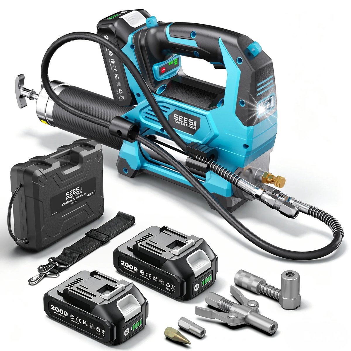 Homezo elektrische vetspuit - Krachtig draadloos smeergereedaschap - Borstelloze motor - Druk 827 bar - 3 Snelheden - 2 accu's