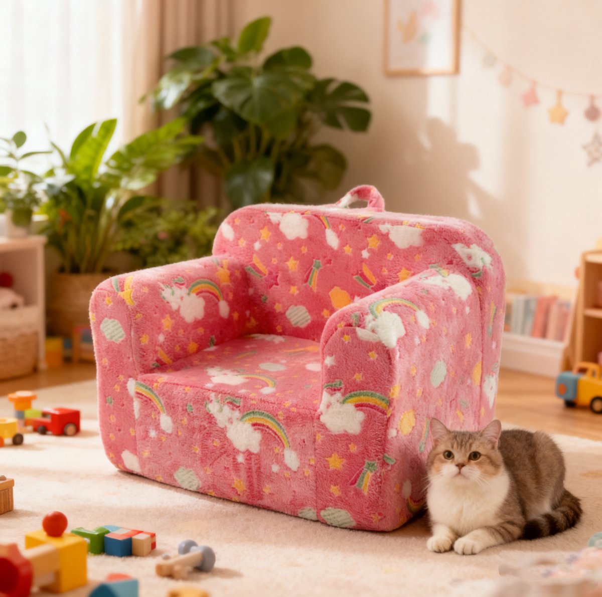 MEUNIQ Kindersofa met armleuningen en draaggreep – roze regenboogpatroon, afneembare wasbare hoes en schuimvulling voor kinder- of speelkamer