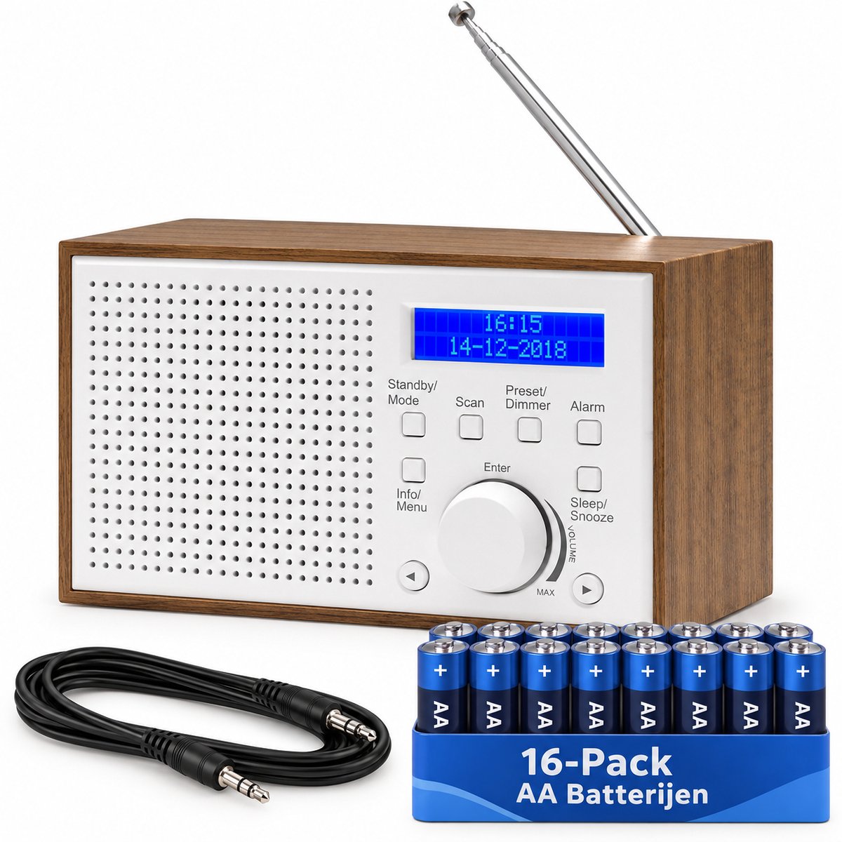 DAB Radio - Noodradio / Noodpakket - Batterijen & Netstroom - INCL 16 Pack AA Batterijen + AUX Kabel - Keukenradio - Draagbare Radio - Wit