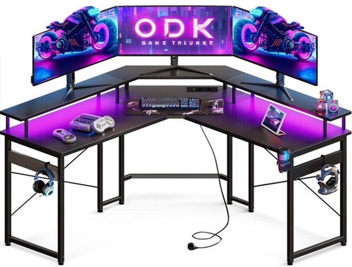 Hoekbureau -129 x 129 cm-gamingbureau met led-pc-tafel voor gaming met 2 stopcontacten en 2 usb-oplaadaansluitingen- computertafel met royale monitorplank-koolstofvezel
