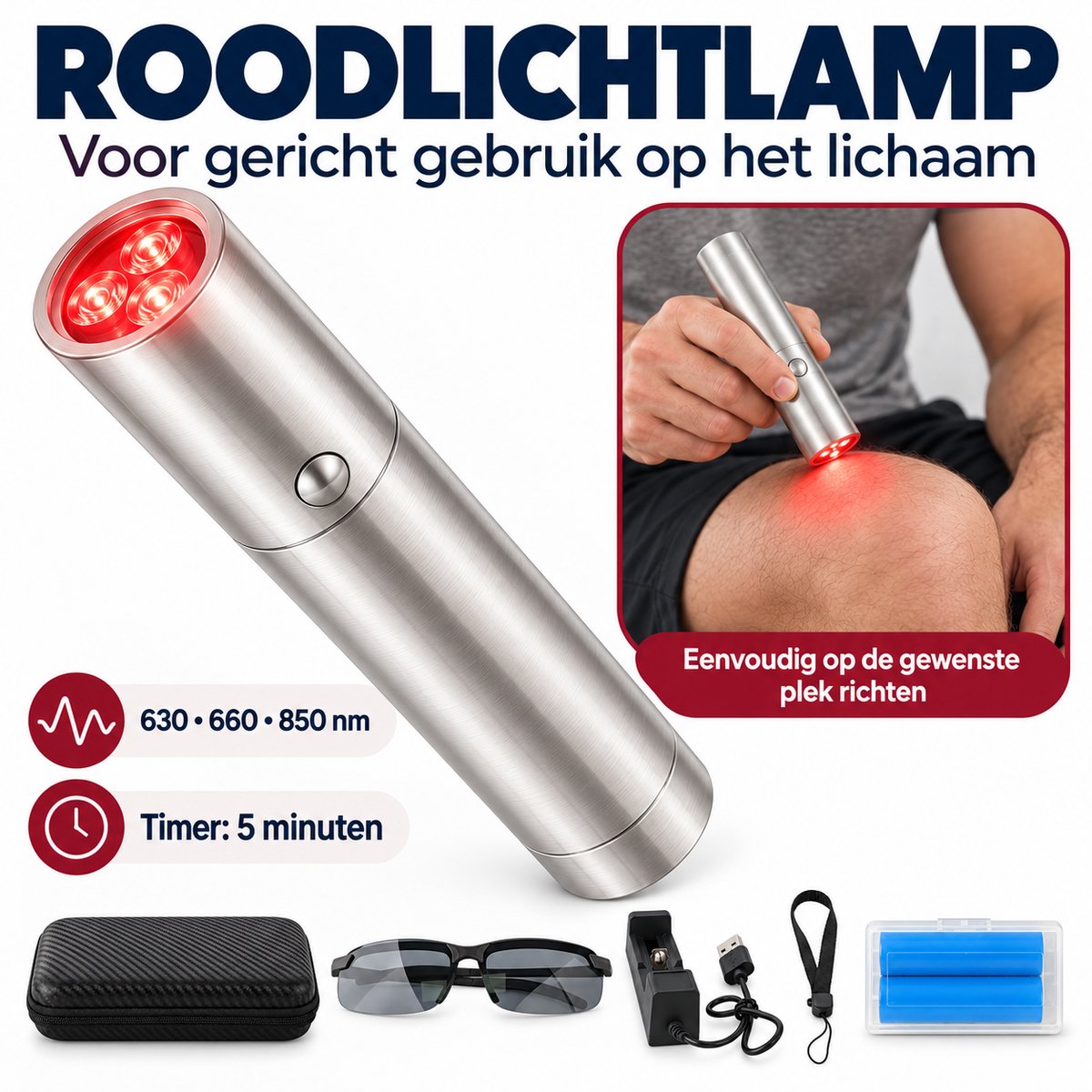 Roodlichtlamp – 630, 660 & 850 nm – Rood & Nabij-infrarood Licht – Handmodel – Timer 5 Minuten – RVS