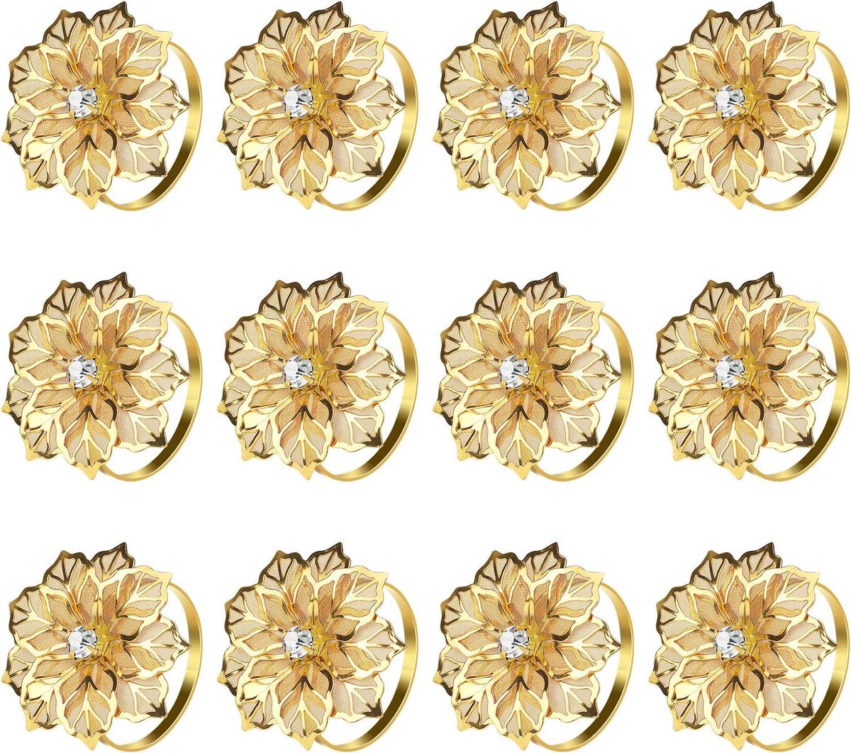 Een set van 12 servetringen - metalen servetclips - opengewerkt bloemenpatroon - prachtige servetringen - goud