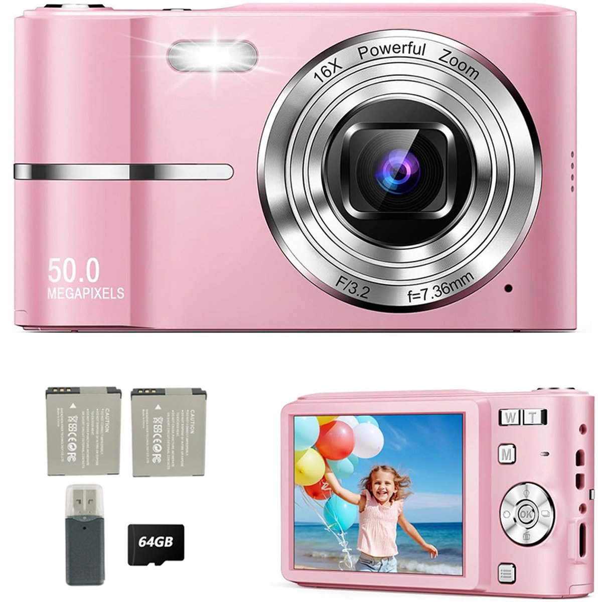 Digitale camera - 4K Ultra HD - Draagbare CCD-camera - Camera voor studenten - Vlogcamera - Draagbare camera - Geschikt voor foto- en video-opnamen - 44 MP - 16x optische zoom - 64 GB geheugenkaart - 700 mAh - Inclusief oplaadkabel - Roze