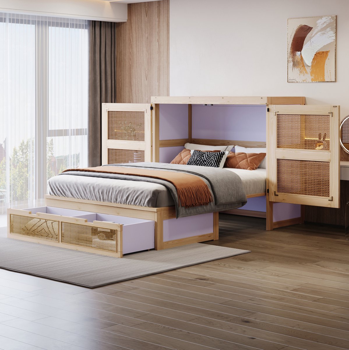 MEUNIQ Opklapbed 140 x 200 cm met lattenbodem, opberglades en rotanlook deuren, verticaal wandbed voor slaapkamer, naturel houtkleur Natuurlijk hout