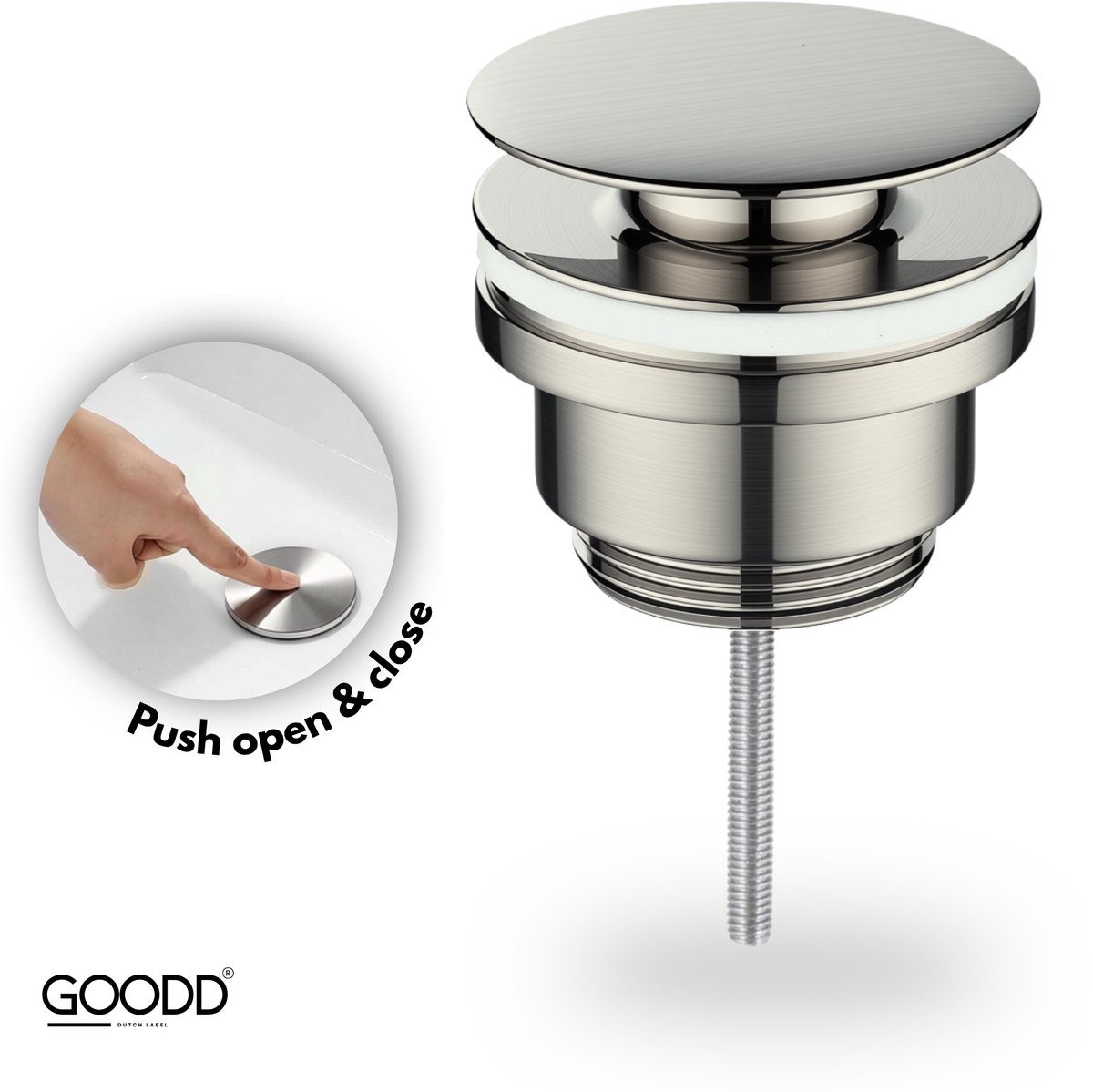 GOODD® - Wastafelplug - Afvoerplug - Universeel Push Open Clickwaste - Messing - Rvs geborsteld mat