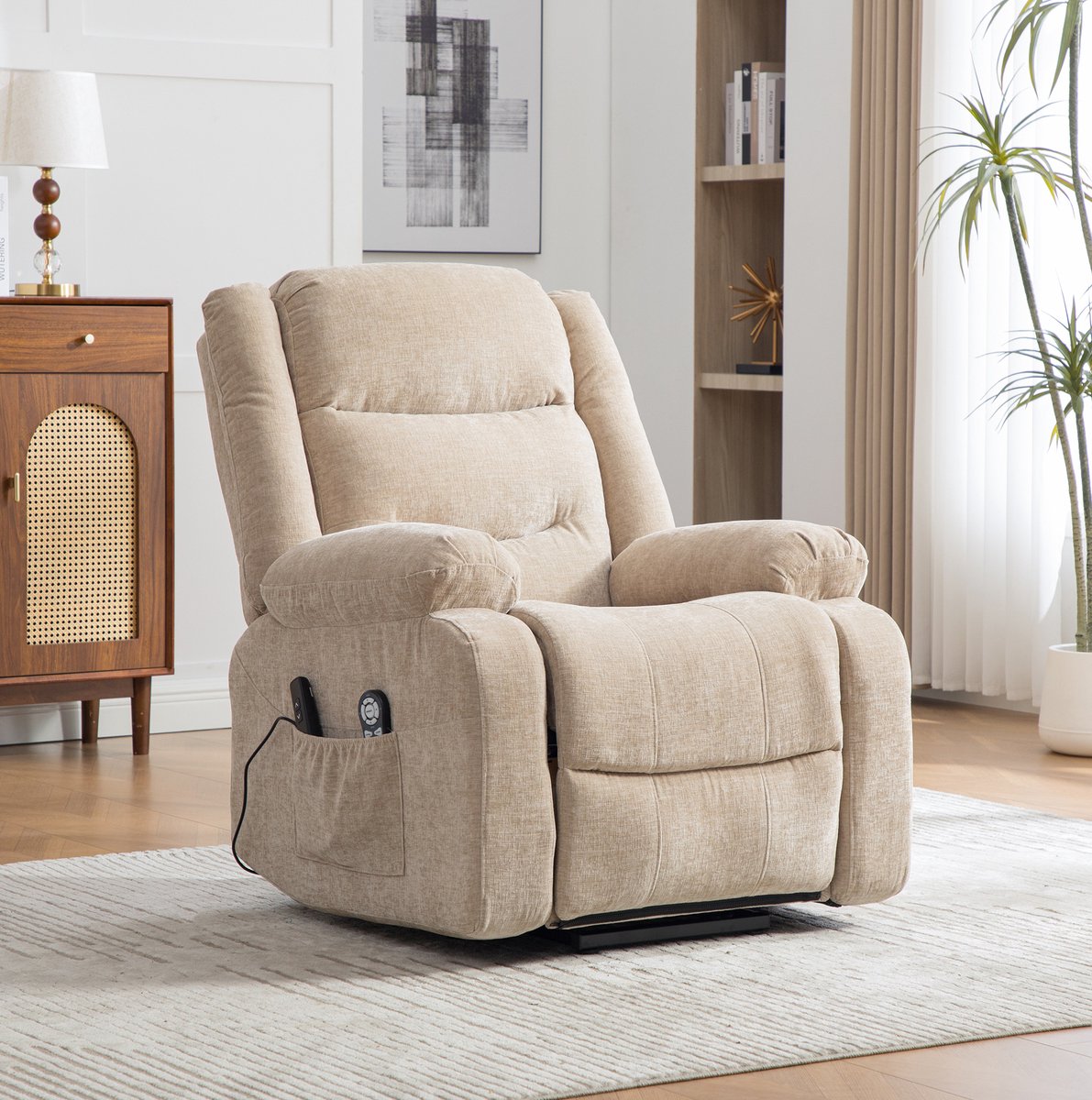 MEUNIQ Elektrische relaxfauteuil met sta-op functie, massage en warmte, verstelbare rugleuning en voetensteun, opbergvakken, 93 x 103 x 104 cm, licht kaki