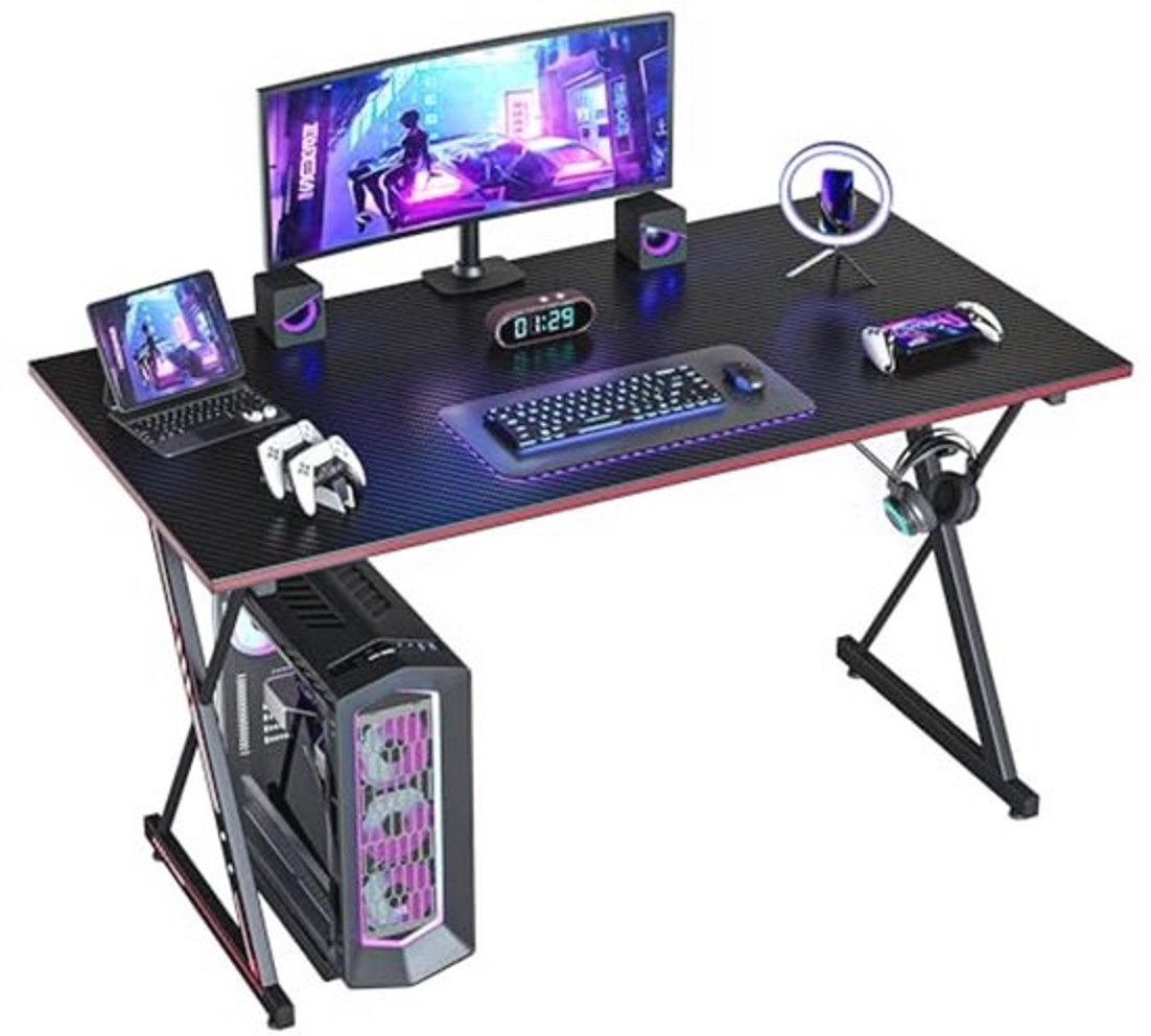 Gamingbureau 100 x 50 cm - Ergonomische PC-tafel met Hoofdtelefoonhaak en Koolstofvezelcoating