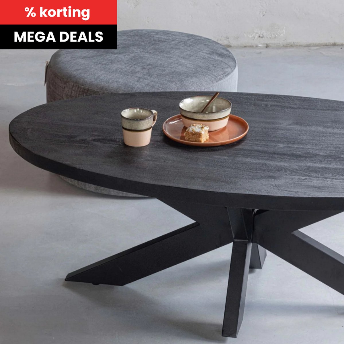 Mangohouten Salontafel Tulsa Black Ovaal Mahom Industrieel - Kleine tafel van Mangohout & Metaal - Industriële Huiskamertafel