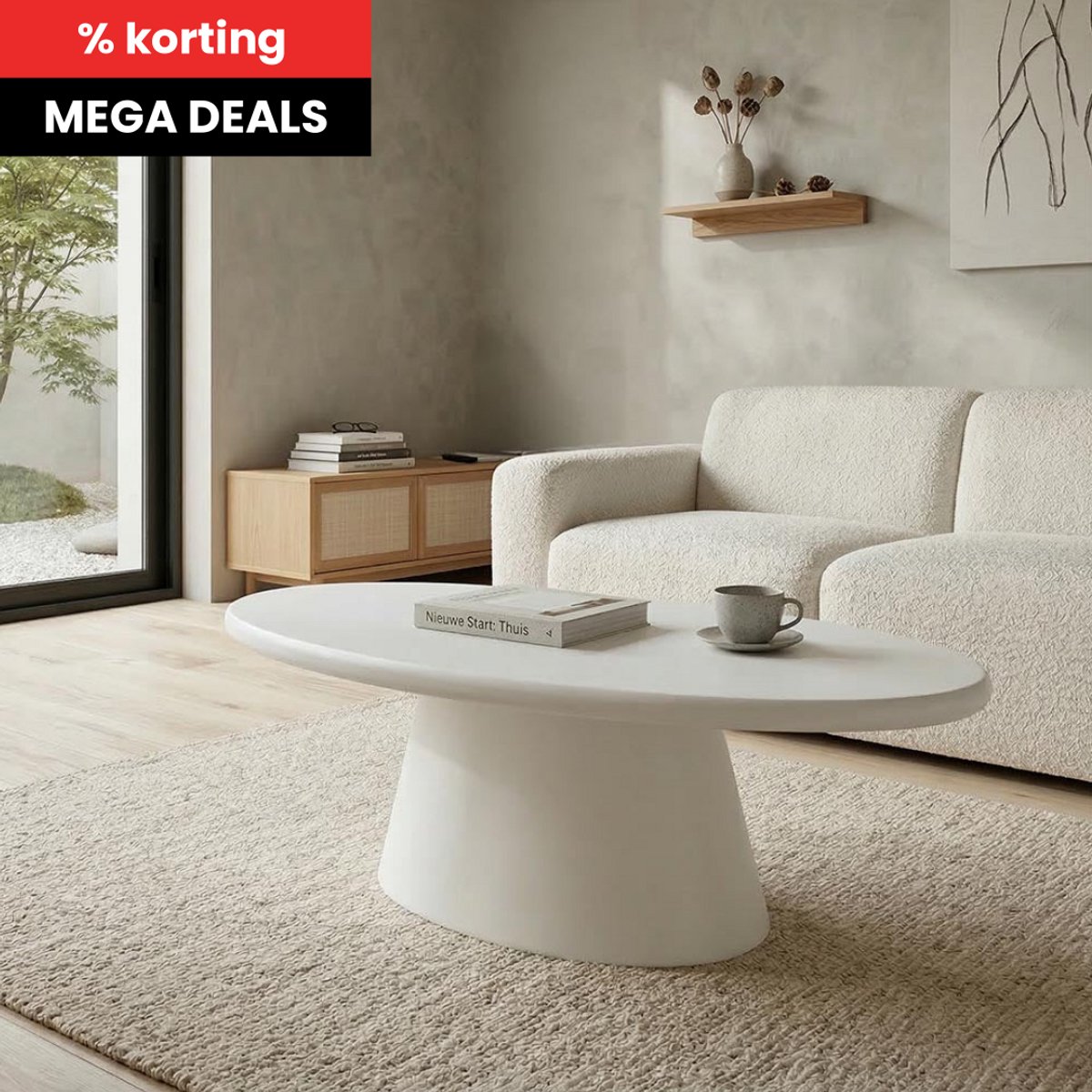 Salontafel Ovaal Savannah Microcement Kegelpoot 120 cm Wit Mahom Industrieel - Kleine tafel van Mangohout & Metaal - Industriële Huiskamertafel