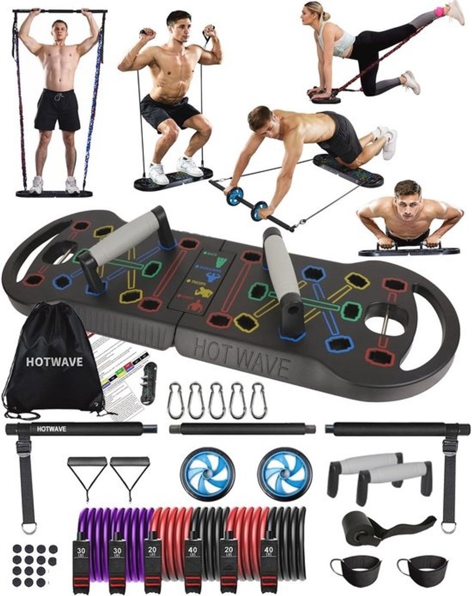 Draagbare fitnessapparatuur met 16 accessoires - 20-in-1 push-up board, weerstandsbanden en buik-rolwiel