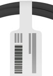 Zwarte kabel met een witte producttag met een barcode en streepjescode.