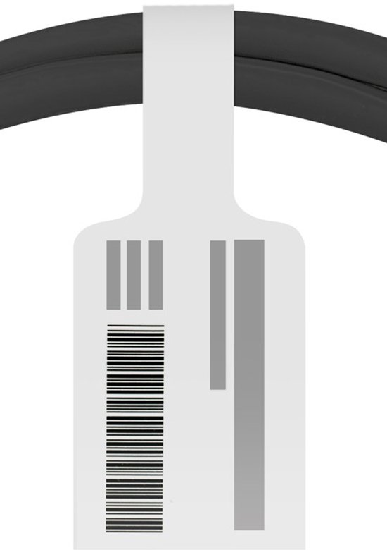 Zwarte kabel met een witte producttag met een barcode en streepjescode.