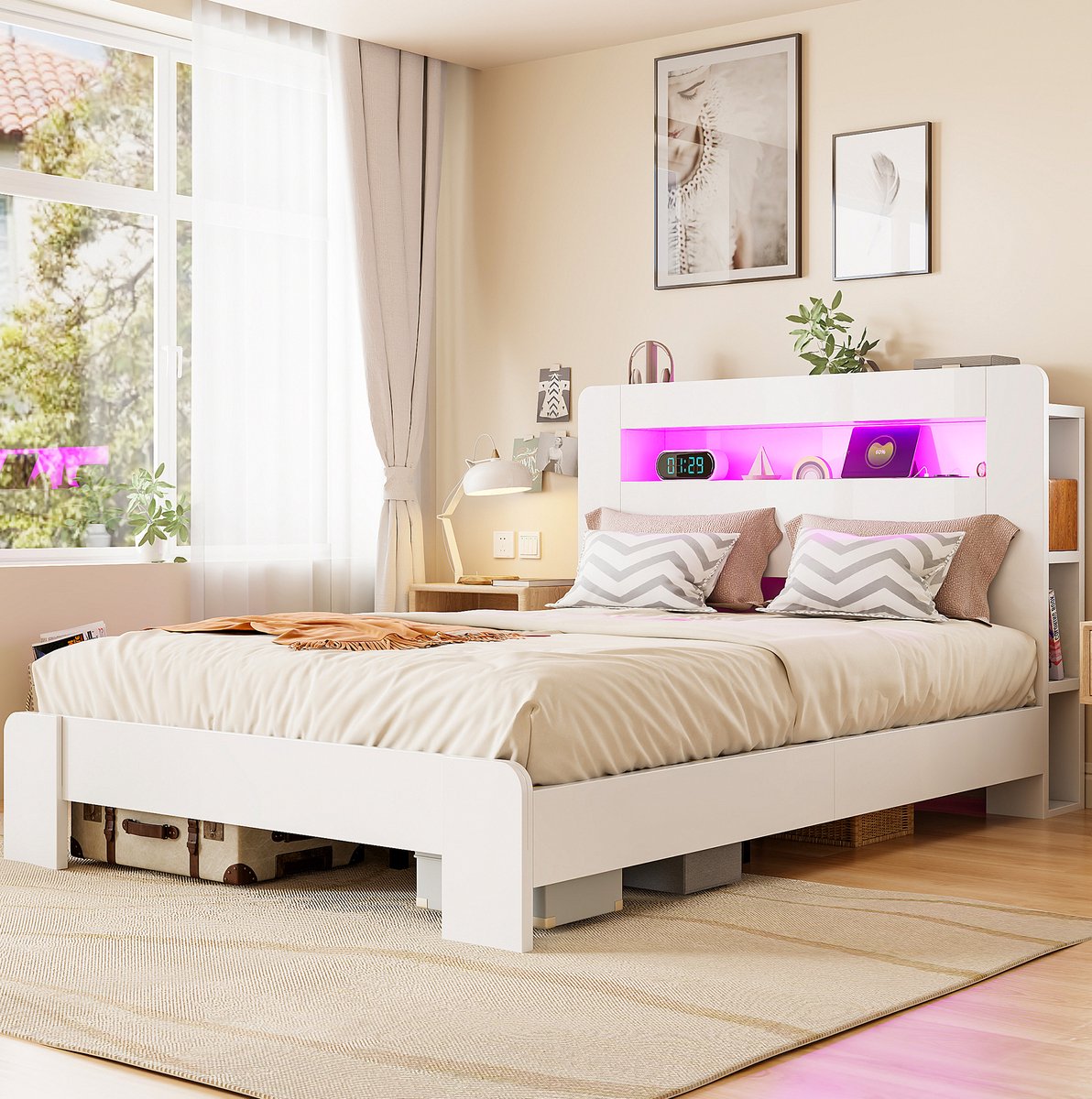 MEUNIQ Houten bedframe 140 x 200 cm met opbergruimte in hoofdbord, LED-verlichting, ingebouwde stopcontacten en lattenbodem - Wit