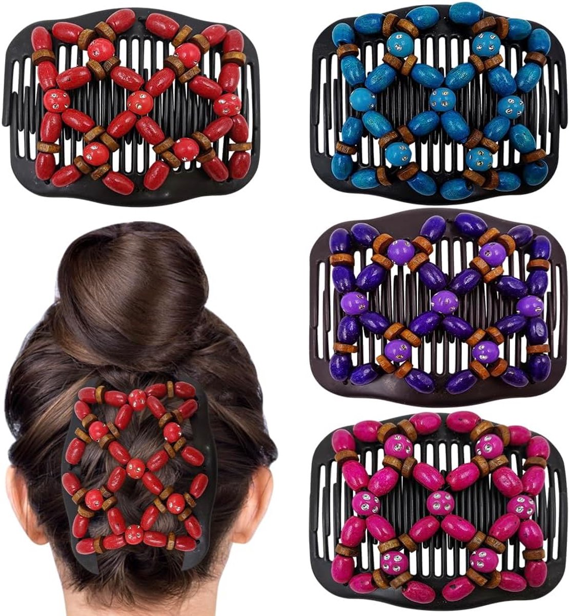 4 stuks rekbare magische haarkam voor vrouwen, dubbele kam haarklem, elastische houten parels, haarknotsmaker, magische zijde haarkam voor krullend, dik, golvend haar