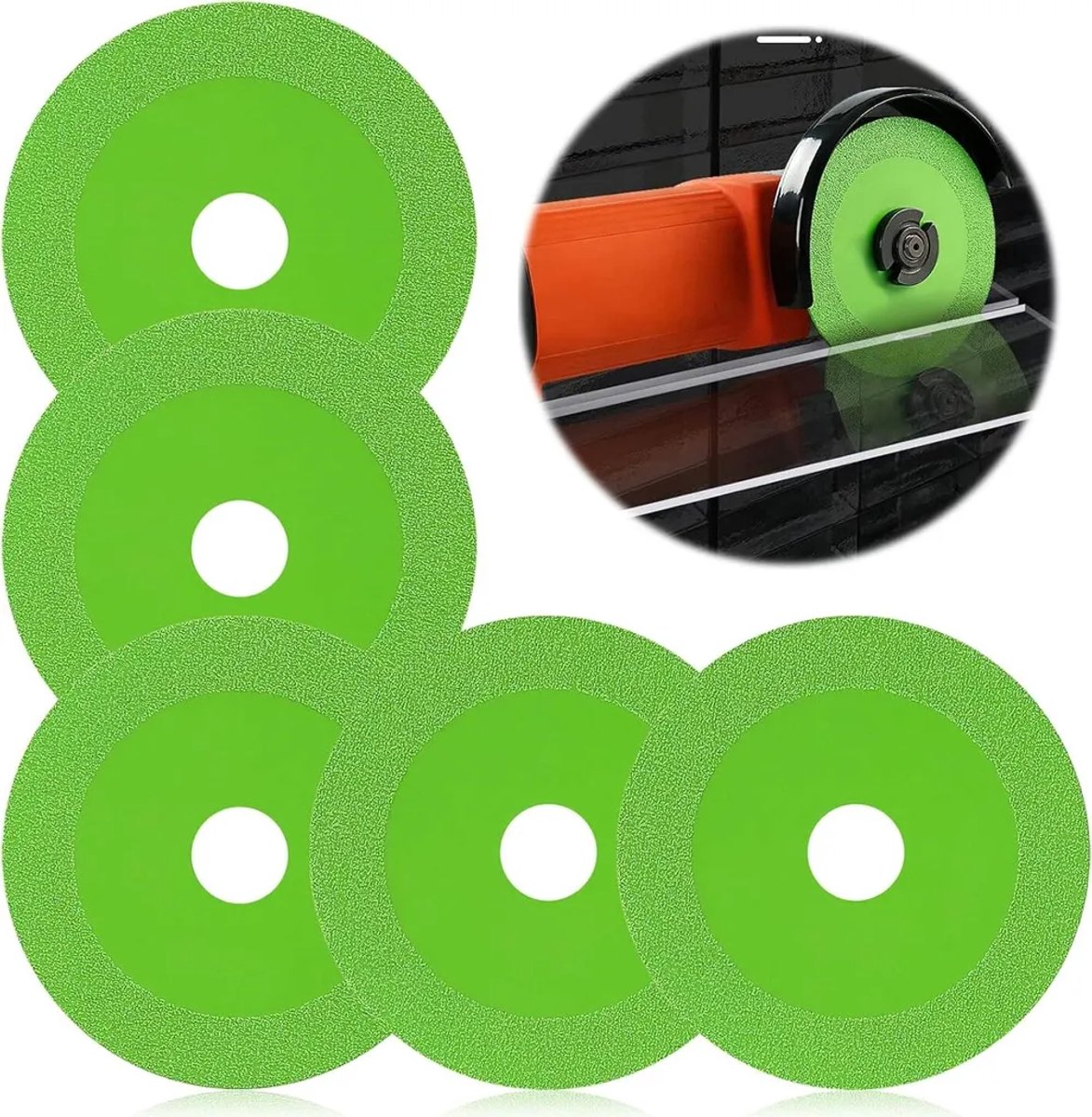 Vijf diamantslijpschijven, gemaakt van diamantgecoat staal, speciaal ontworpen voor haakse slijpers van 100 mm.